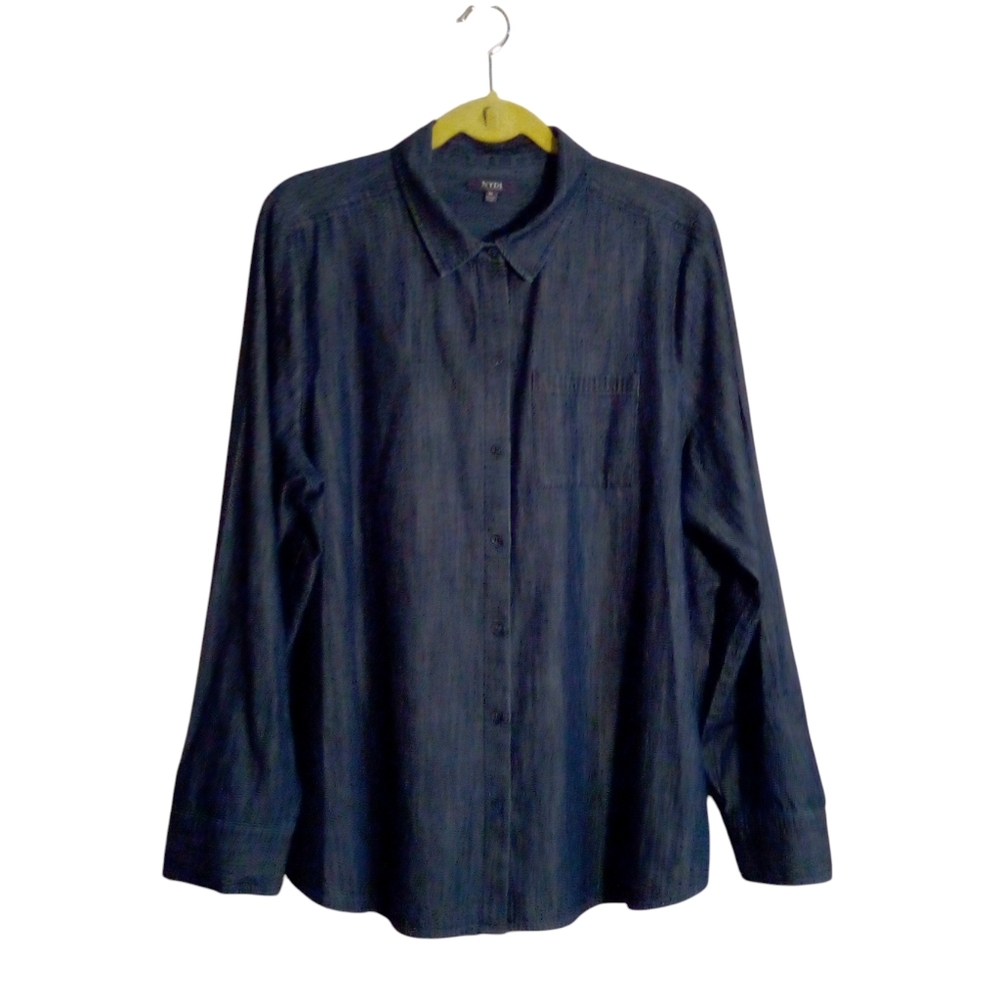 NYDJ Shirt XL 100% Cotton Dark Blue Denim Long Sleeve Button Down Side Slits